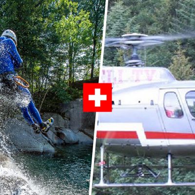 customer sliding during helicopter canyoning tour